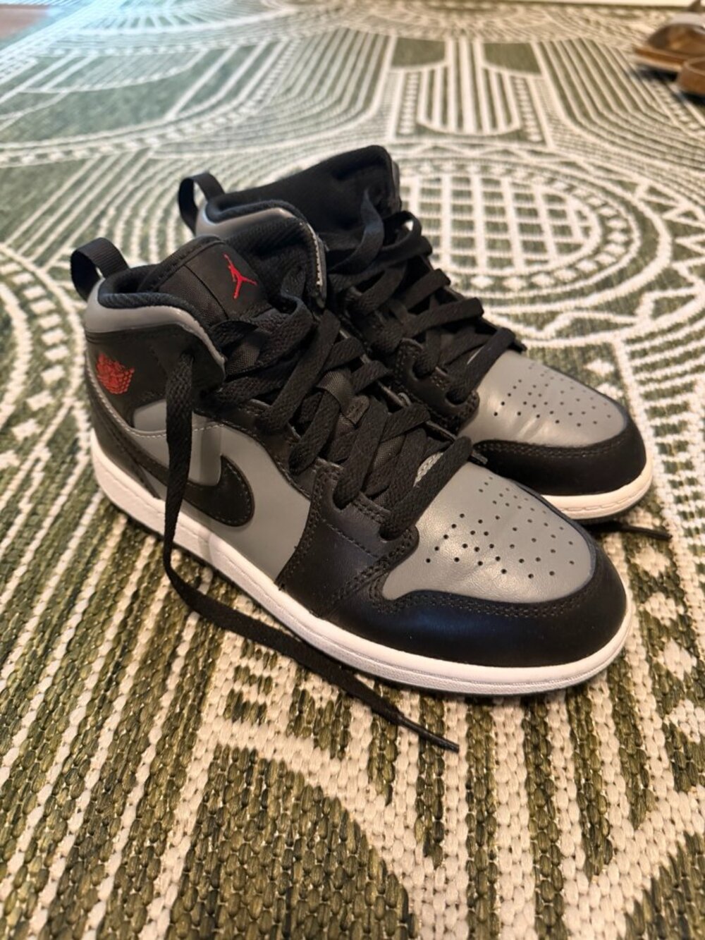Air Jordan 1 Mid Black Grey Red Sneakers Youth Size 2Y